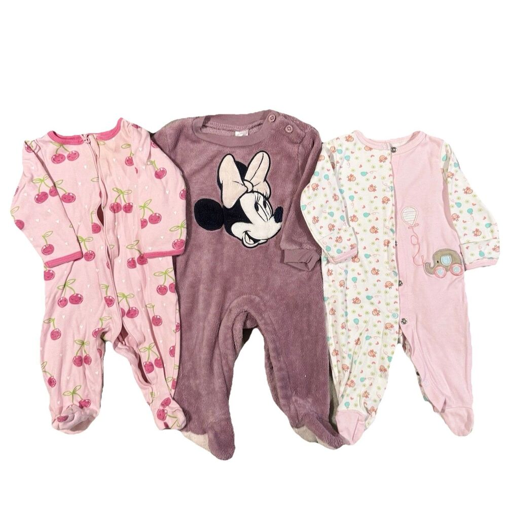 Set Of 3 Disney Baby Minnie Mouse & More Brands Footie Footed Pajama 3-6M Fleece